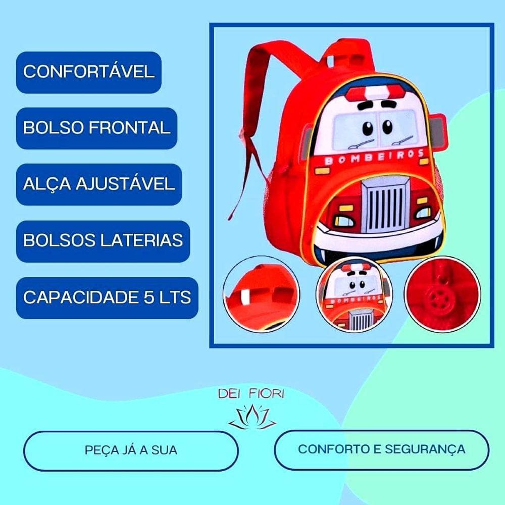 Mochila Escolar Alças Infantil Estampa  Carro Dos Bombeiros