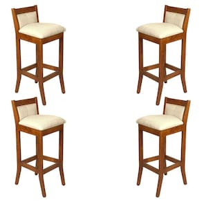Kit 4 Banquetas Alta Estofada Lucca 36x93 Cm Bar Madeira Maciça Linho Bege L57