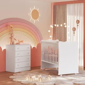 Quarto de Bebê Doce Sonho com Cômoda 777 e Berço Simples 1 c/ Rodízios Qmovi Branco