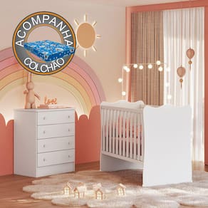 Quarto de Bebê Doce Sonho com Cômoda 777 e Berço Simples 1 Qmovi Branco + Colchão Ortobom