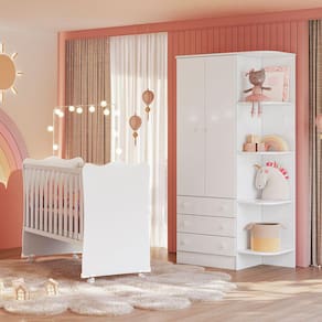 Quarto de Bebê Doce Sonho com Roupeiro 825 e Berço Simples 1 c/ Rodízios Qmovi Branco