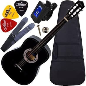 Kit Violão Acústico Barato Nylon Preto Queens + Acessórios