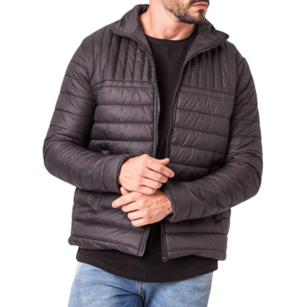 Jaqueta Masculina Puffer Nylon com Ziper Preta