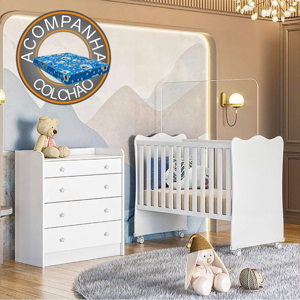 Quarto de Bebê Doce Sonho com Cômoda 2523 e Berço Simples 1 c/ Rodízios Qmovi Branco + Colchão Ortobom