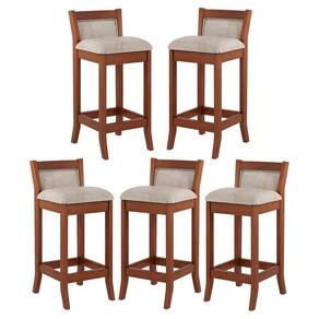 Kit 5 Banquetas Média Estofada Lucca 36x83Cm Bar Balcão Madeira Maciça Linho Bege M58
