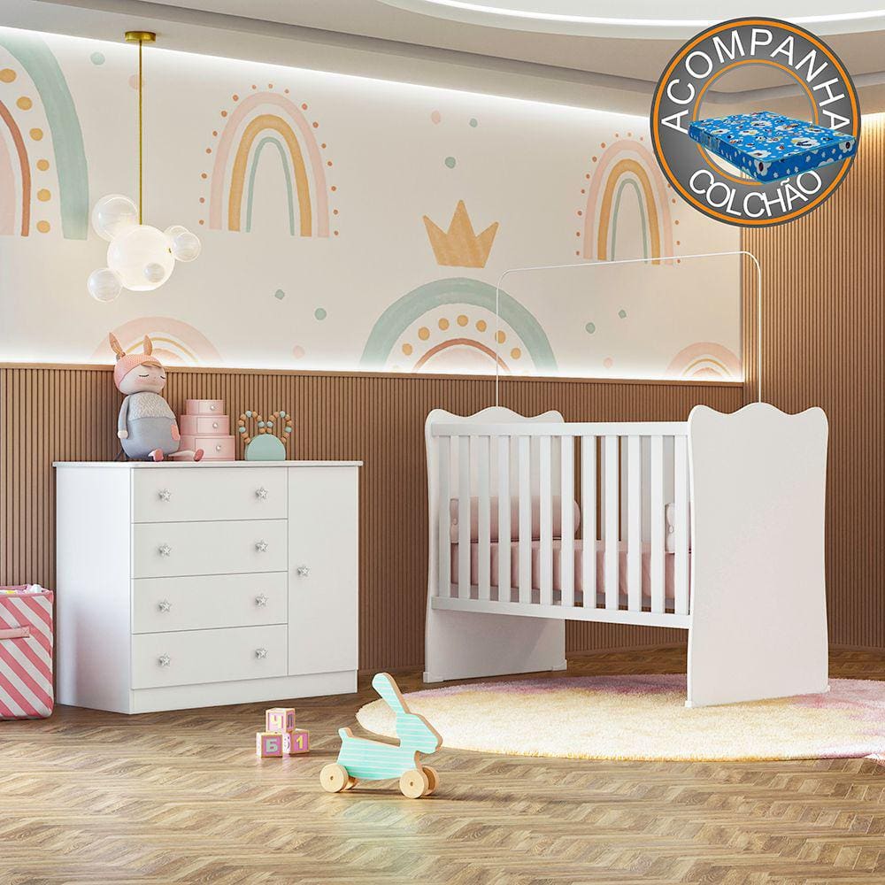Quarto de Bebê Doce Sonho com Cômoda 2561 e Berço Simples 1 Qmovi Branco + Colchão Ortobom