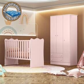 Quarto de Bebê Doce Sonho com Roupeiro 2617 e Berço Simples 1 Qmovi Rosa Acetinado + Colchão Ortobom