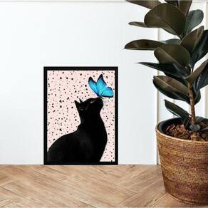 Quadro Gato Com Borboleta Azul 45X34Cm - Com Vidro