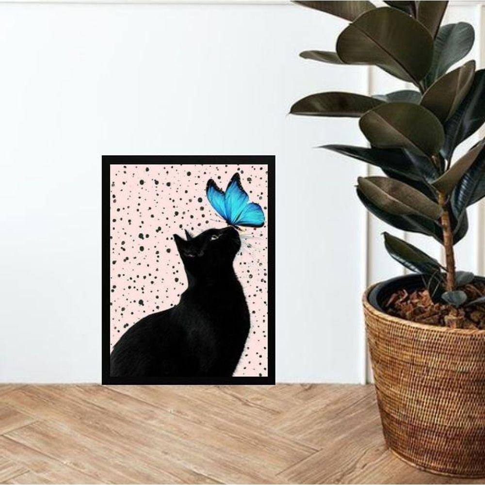 Quadro Gato Com Borboleta Azul 33X24Cm - Com Vidro