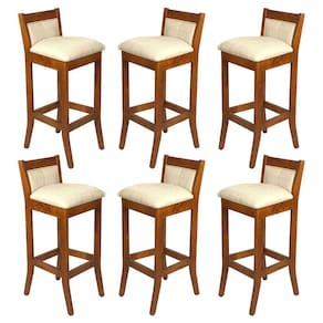 Kit 6 Banquetas Alta Estofada Lucca 36x93 Cm Bar Madeira Maciça Linho Bege L57