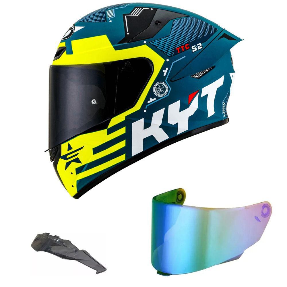 Capacete KYT TT Course Fuselage Amarelo Mais Viseira Camaleão e Spoiler Fumê