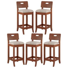 Kit 5 Banquetas Média Estofada Encosto Dubai 36x90Cm Madeira Maciça Linho Bege M58