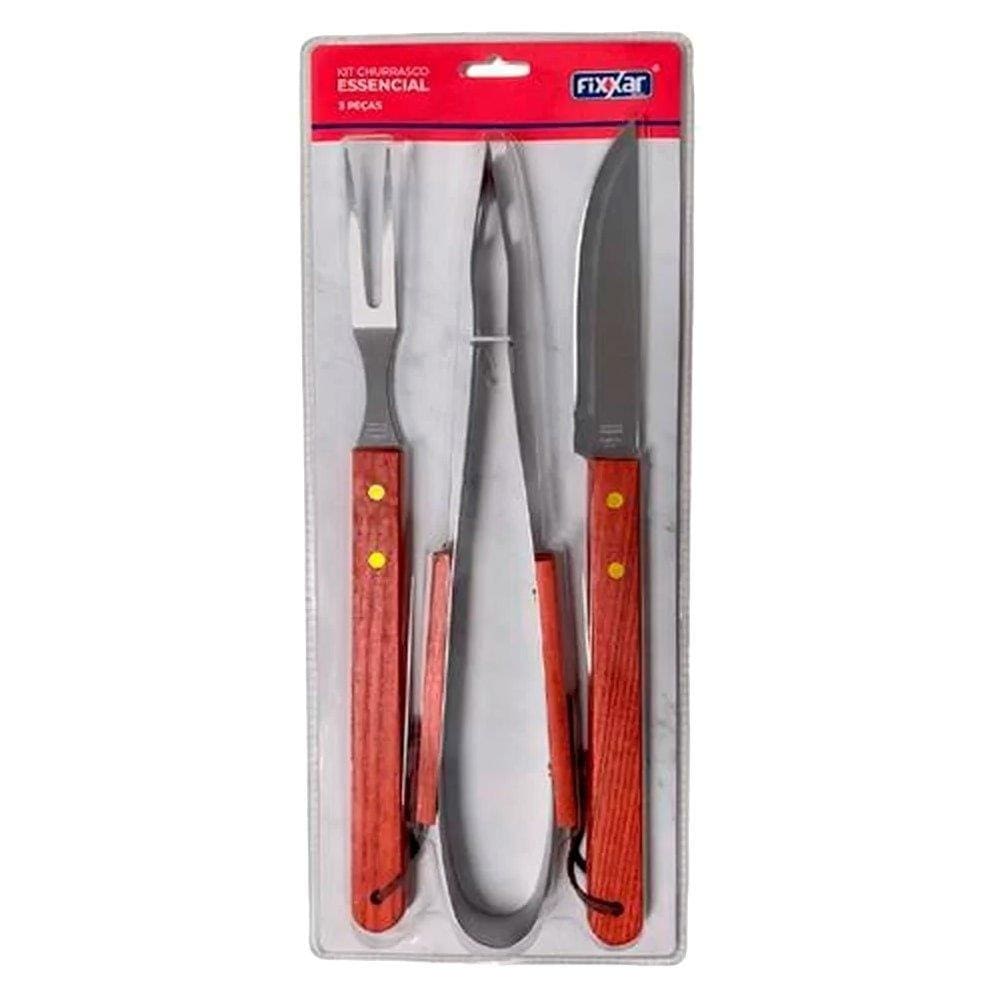 Conjunto para Churrasco Fixxar Essencial 3 Peças Madeira/Inox