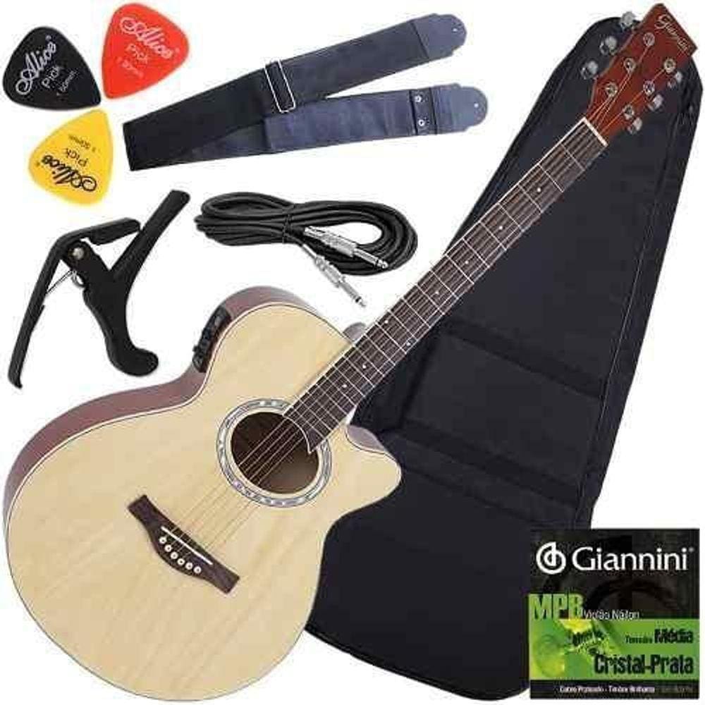 Kit Violão Folk Giannini Aço Eletroacústico Gsf1R Natural