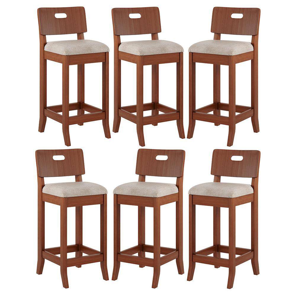 Kit 6 Banquetas Média Estofada Encosto Dubai 36x90Cm Madeira Maciça Linho Bege M58