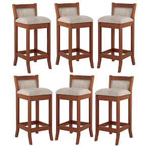 Kit 6 Banquetas Média Estofada Lucca 36x83Cm Bar Balcão Madeira Maciça Linho Bege M58