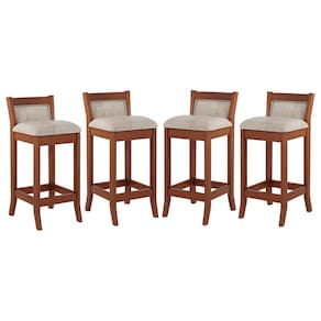 Kit 4 Banquetas Média Estofada Lucca 36x83Cm Bar Balcão Madeira Maciça Linho Bege M58