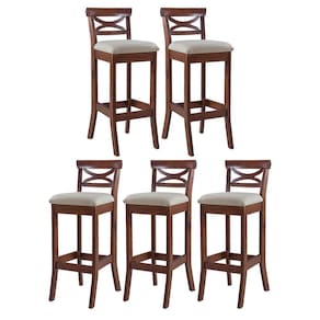 Kit 5 Banquetas Alta Estofada Copacabana 36 x 100 Cm Madeira Maciça Linho Bege M58