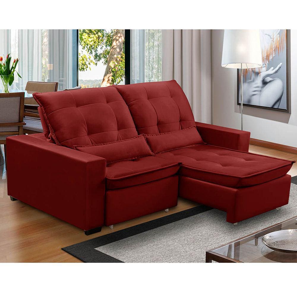 Sofa Retratil Reclinavel 2 Lugares 2,10m Atlantis Veludo Bordô LansofBR