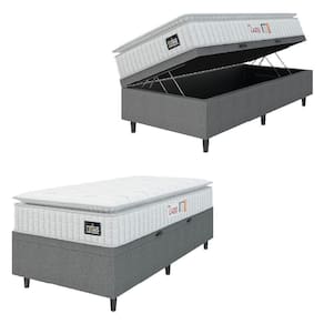 Cama Box Baú Colchão Solteiro Espuma D45 Lazio Pillow Top 88x188x70cm Branco/cinza Hellen Cinza