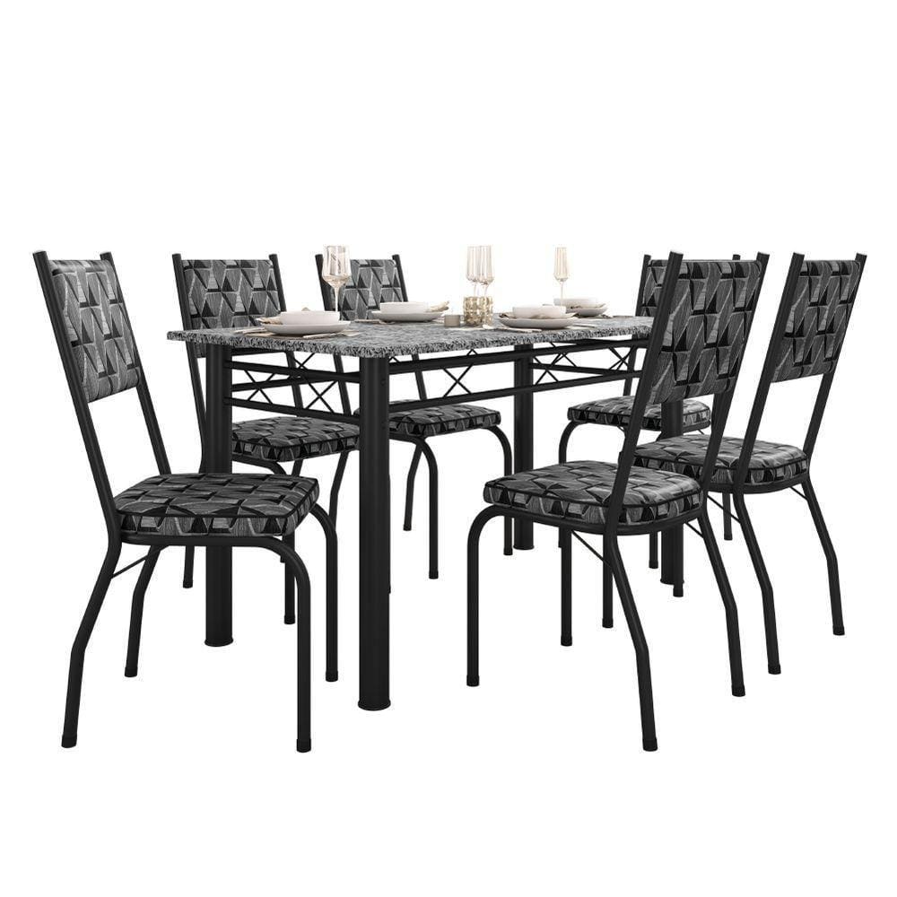Conjunto Sala De Jantar Mesa Tampo Granito 1,40m Com 6 Cadeiras Diana Preto/mosaico Artefamol Preto Fosc