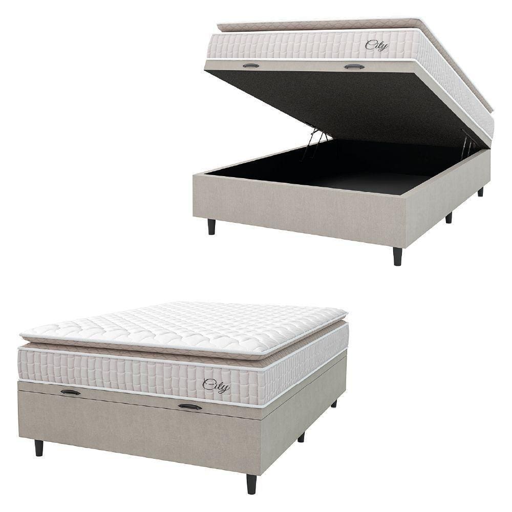 Cama Box Baú Colchão Casal Molas Ensacadas City Pillow Top 138x64cm Branco/bege Hellen Branco/bg