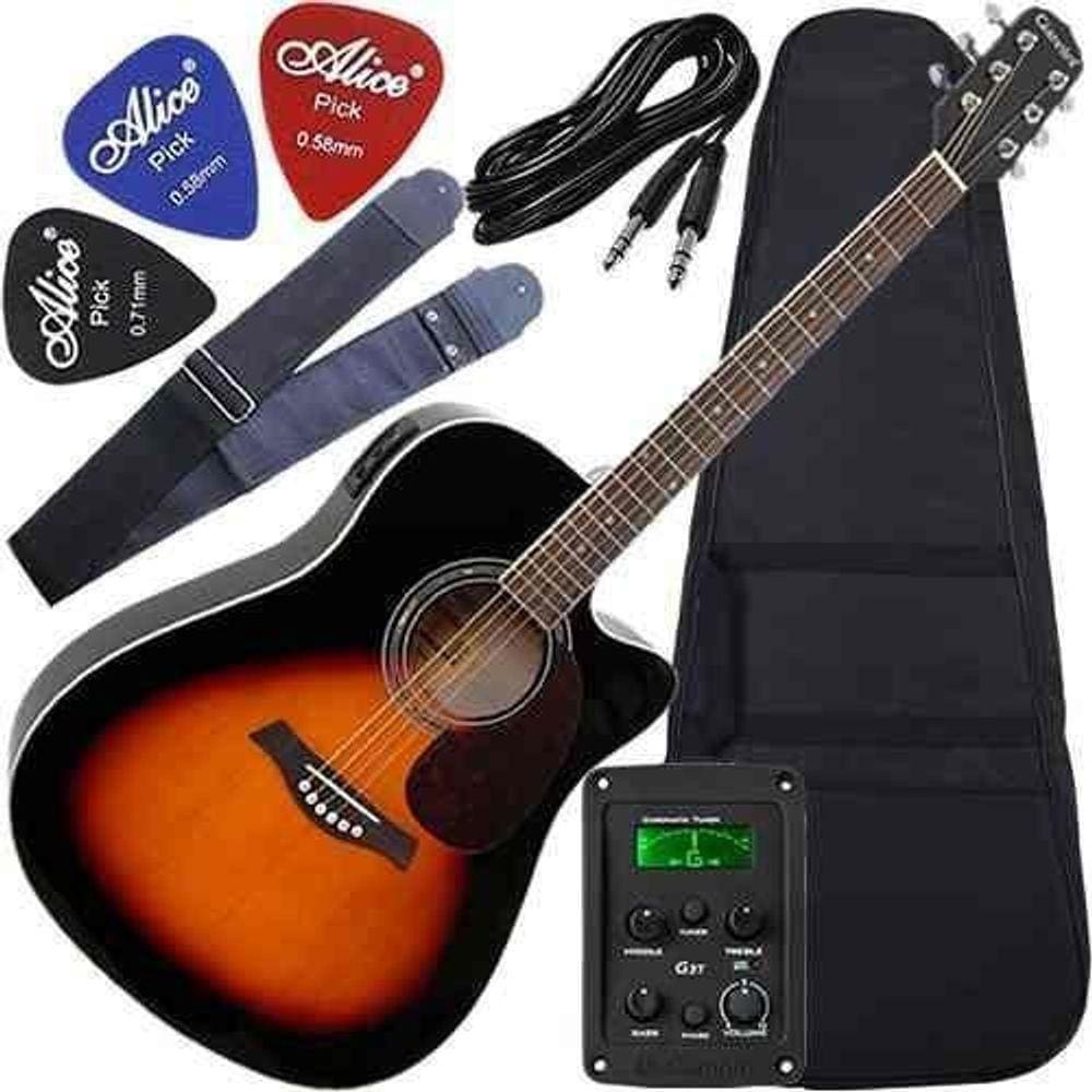 Kit Violão Folk Eletroacústico Giannini Cordas Aço Gf1R Sb