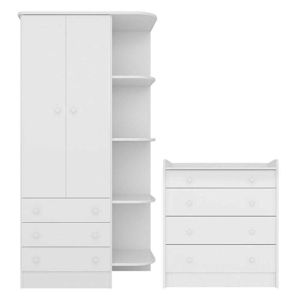 Quarto de Bebê Doce Sonho com Roupeiro 825 e Cômoda Trocador 2523 Qmovi Branco
