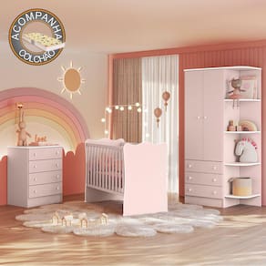 Quarto de Bebê Doce Sonho Completo Qmovi Rosa Acetinado + Colchão Gazin