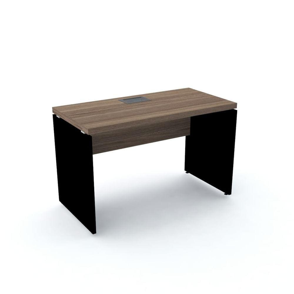 Mesa de Escritório Pé Painel com Caixa de Tomada PE40 em MDP 134 x 60 cm Cor Walnut Base Preta