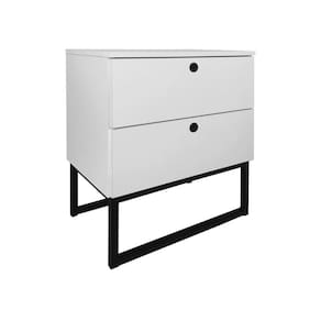 Mesa de Cabeceira Slim 2 Gavetas Branco Base Metálica Preta - Vallisa Decor