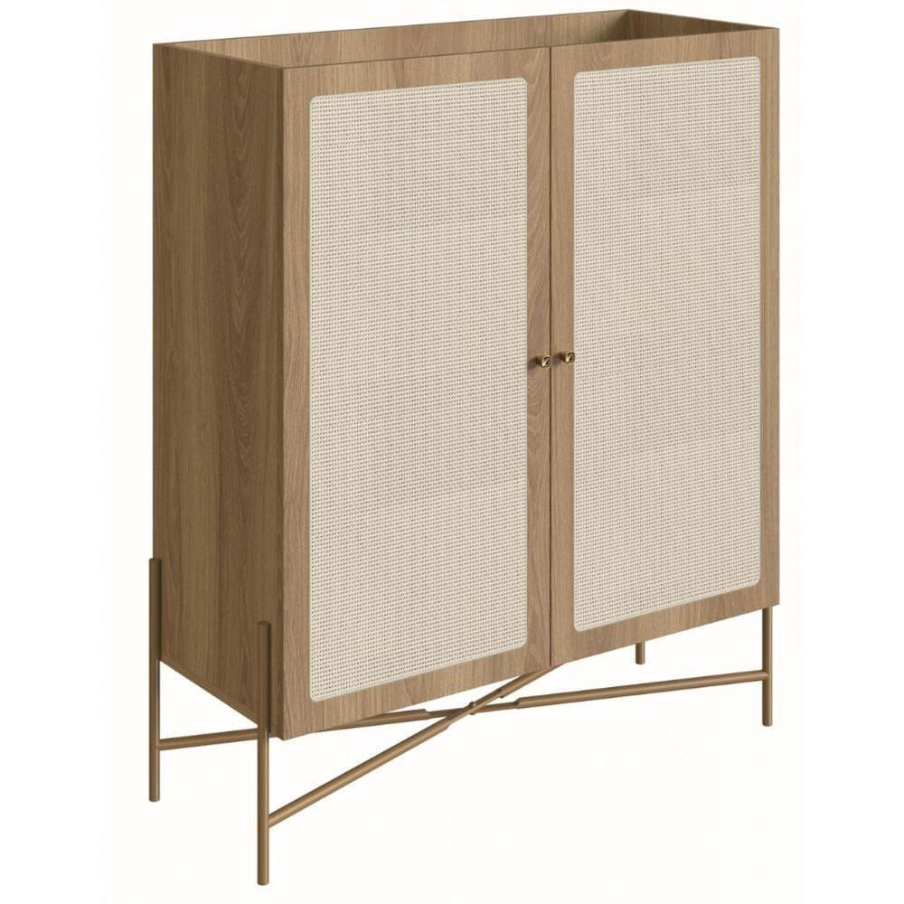 Cristaleira Bar Armário Alto Oslo Artesano 93 Cm (Largura) Mdp Palha Natural Base Metal