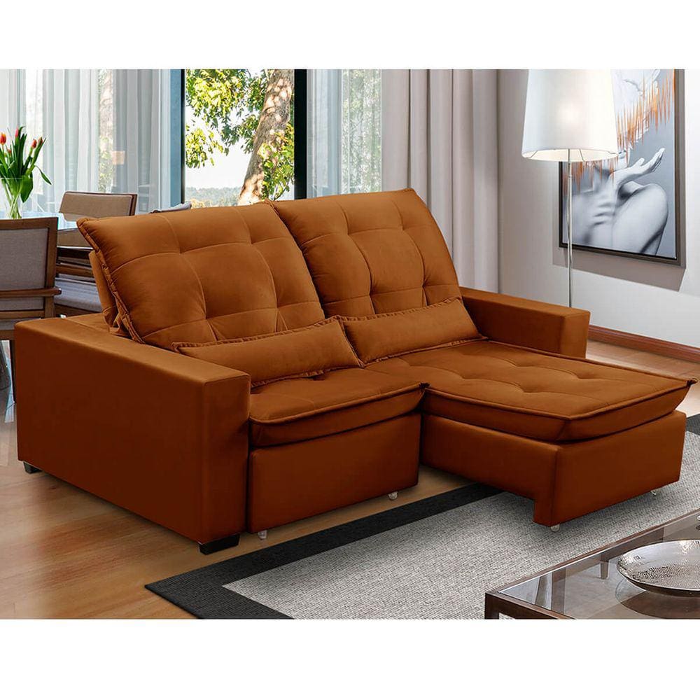 Sofa Retratil Reclinavel 2 Lugares 2,00m Atlantis Veludo laranjado LansofBR
