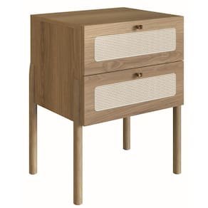 Mesa de Cabeceira Oslo Artesano 48 cm (largura) em MDP Palha Natural Duas Gavetas Base Madeira