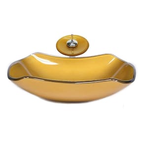 Cuba De Vidro Abaulada 51cm Dourado+Valvula+Torneira Cascata
