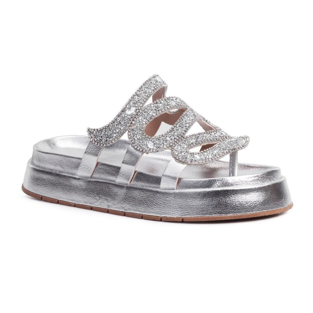 Sandália Feminina Papete Flatform Metalizada Strass Pedraria
