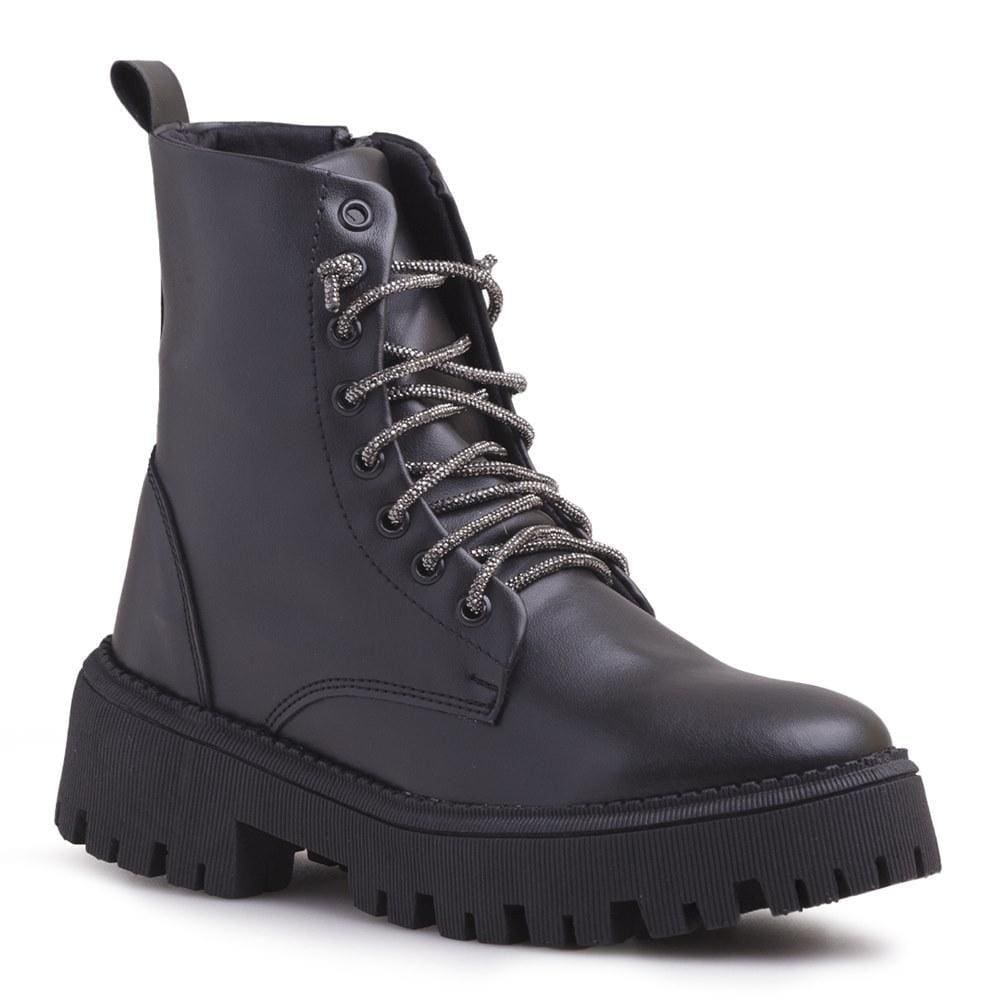 Bota Feminina Coturno Cadarço Strass Zíper Cano Médio