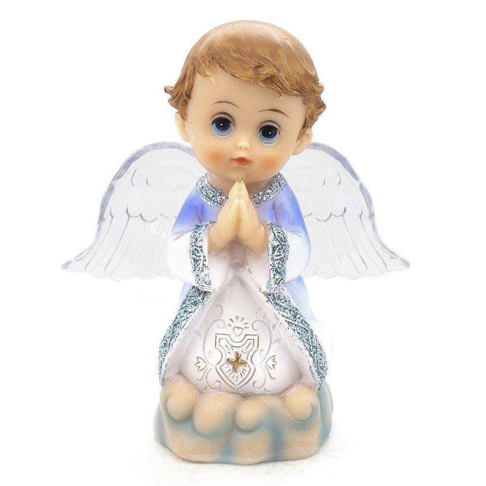 Imagem Anjo Da Guarda Azul Rezando Led Importado Resina 12