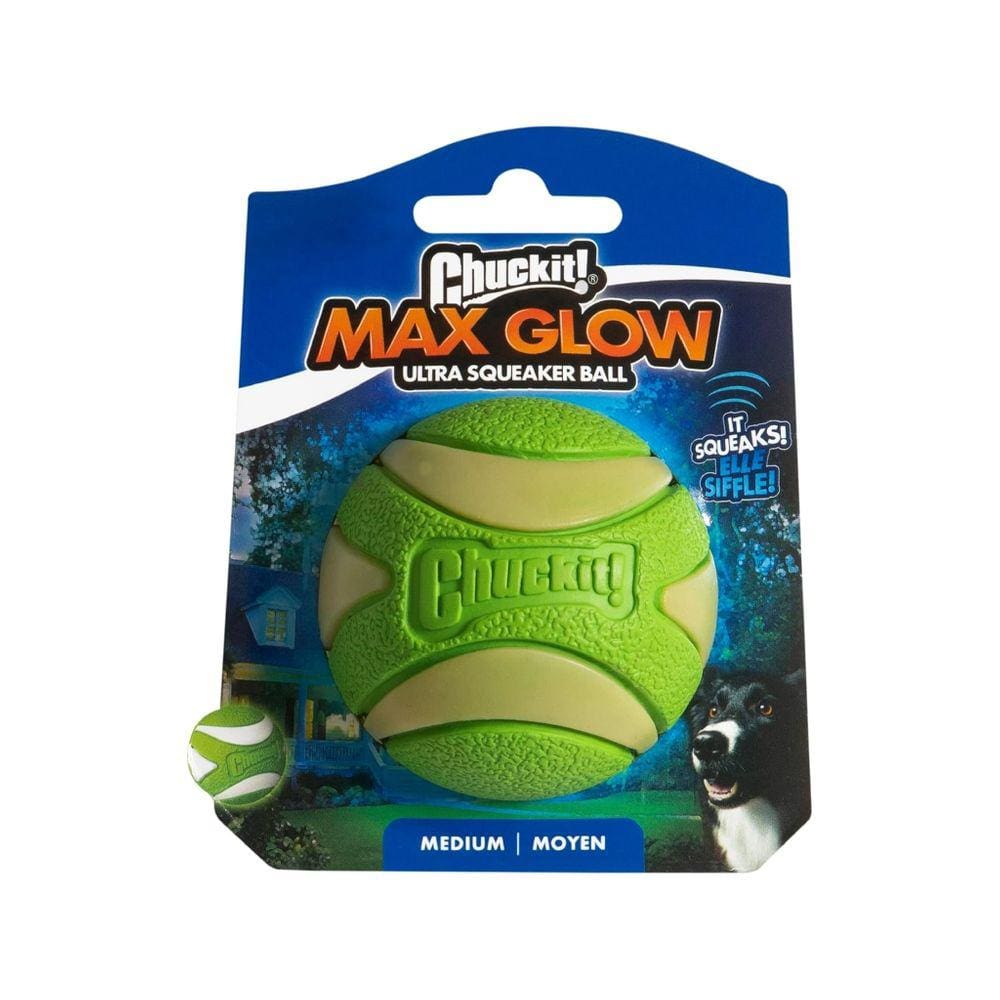 Brinquedo Chuckit Max Glow Ultra Squeaker Ball Brilha No Escuro Com Apito Para Cães Médio