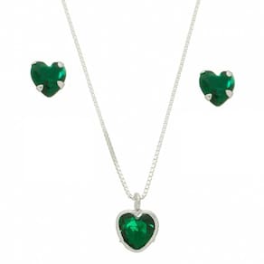 Colar Prata 925 Feminino 40cm Pingente Coração Brinco Verde