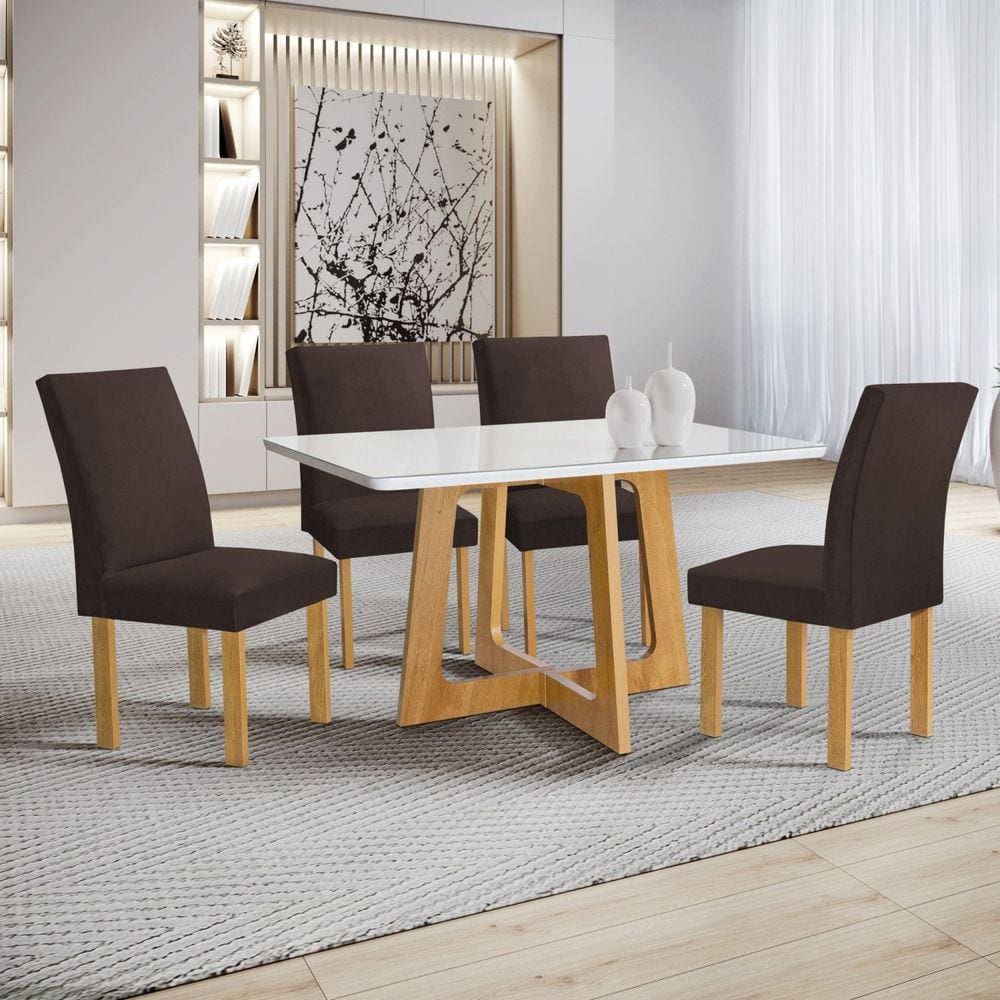 Conjunto Mesa Arizona 120cm com 4 Cadeiras Canela Tampo Smart Plus com Vidro Cinamomo/Off White/Marrom