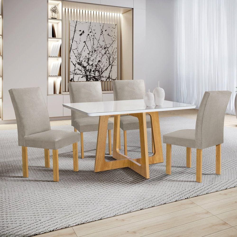 Conjunto Mesa Arizona 120cm com 4 Cadeiras Canela Tampo Smart Plus com Vidro Cinamomo/Off White/Bege Claro