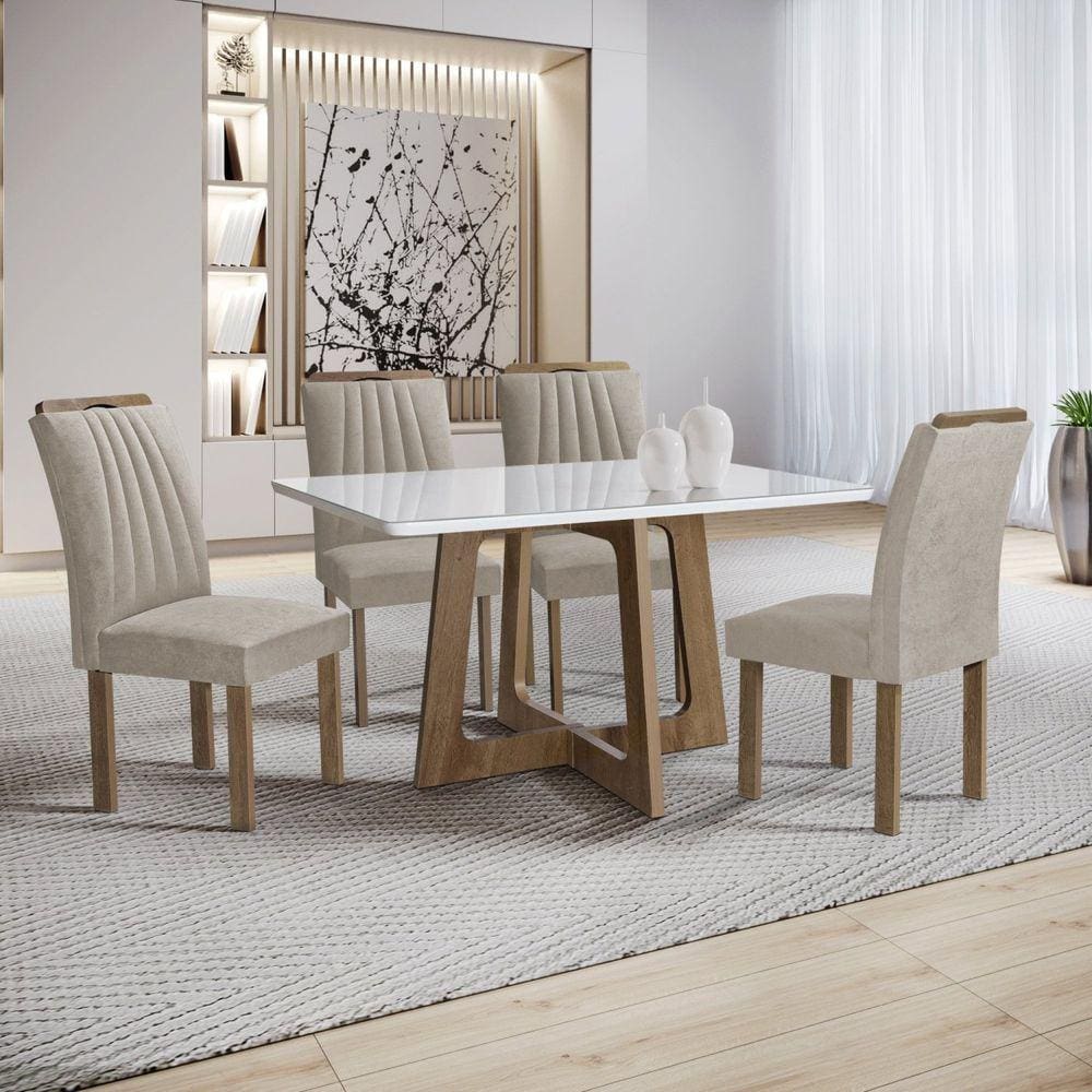 Conjunto Mesa Arizona 120cm com 4 Cadeiras Arizona Tampo Smart Plus com Vidro Chocolate/Off White/Bege Claro
