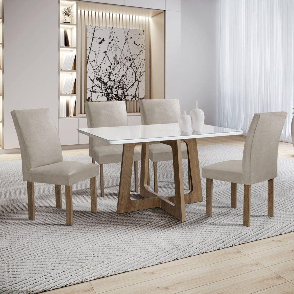 Conjunto Mesa Arizona 120cm com 4 Cadeiras Canela Tampo Smart Plus com Vidro Chocolate/Off White/Bege Claro