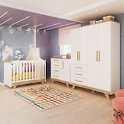 Quarto de Bebê Completo com Guarda Roupa Cômoda e Berço 100% Mdf Jolie Retrô Espresso Móveis Branco Brilho/Amêndoa