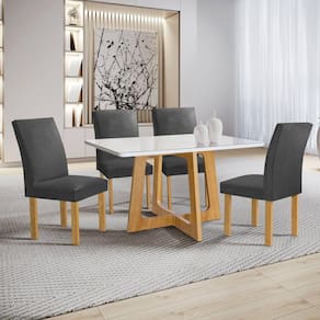 Conjunto Mesa Arizona 120cm com 4 Cadeiras Canela Tampo Smart Plus com Vidro Cinamomo/Off White/Cinza