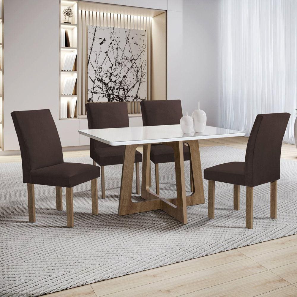 Conjunto Mesa Arizona 120cm com 4 Cadeiras Canela Tampo Smart Plus com Vidro Chocolate/Off White/Marrom