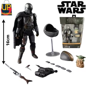 Boneco Premium Star Wars Articulado -Din Djarin 16cm (Mandaloriano) com Baby Yoda e acessorios