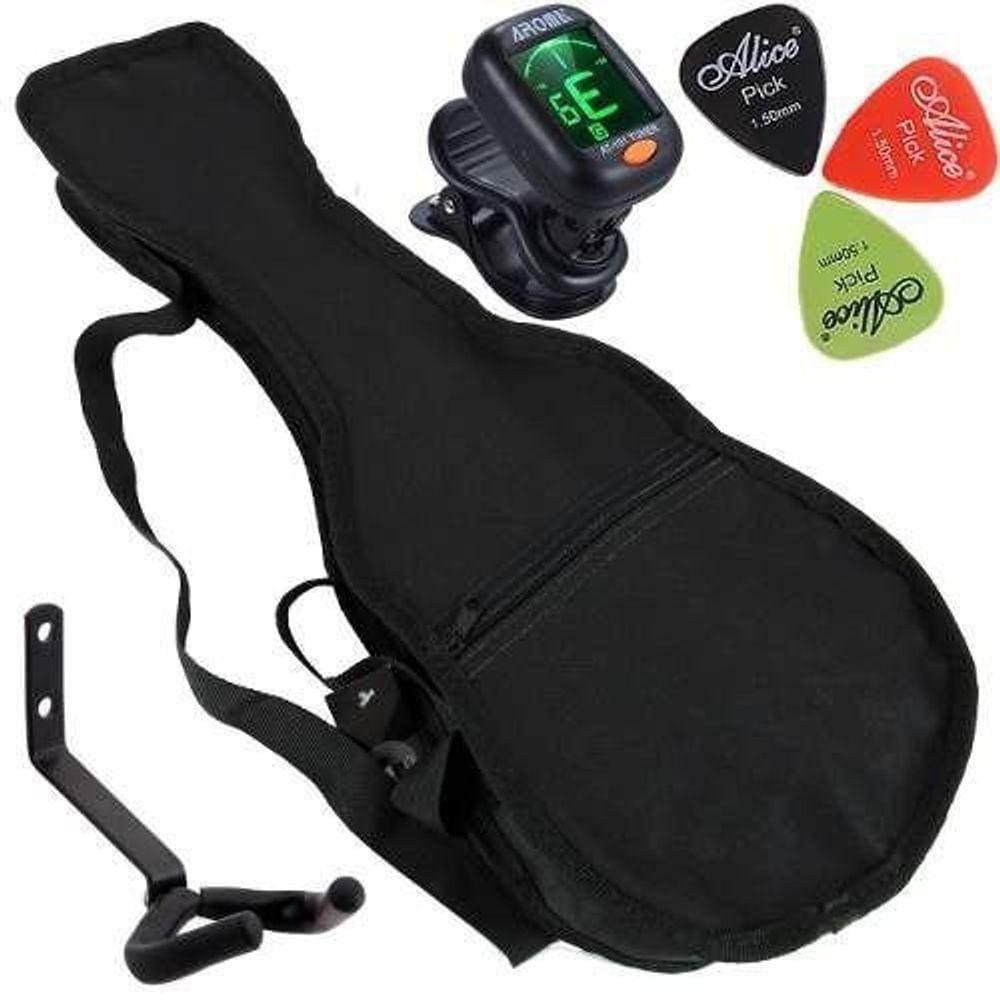 Kit Capa Ukulele Soprano Com Palheta Afinador Suporte Carbon