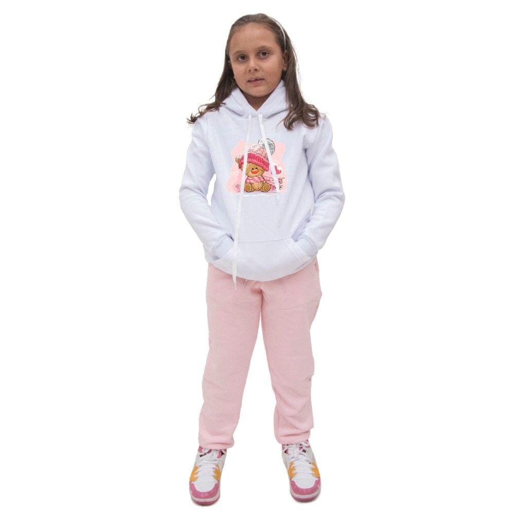 Kit Conjunto Infantil Blusa Moletom Canguru Menina Estampa Ursinho e Calça Com Bolso
